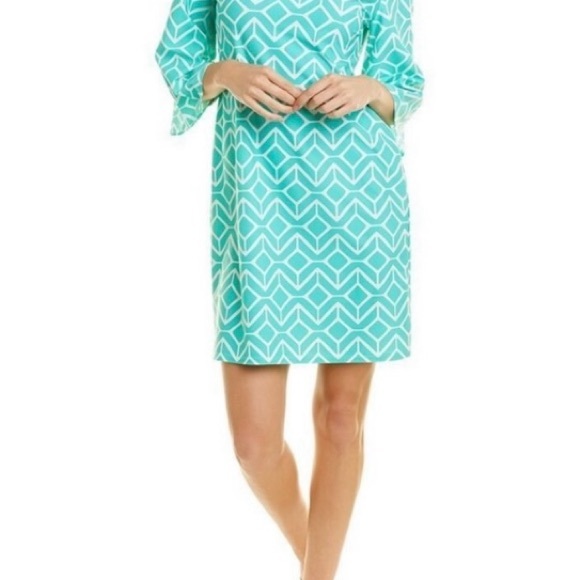 Jude Connally Geometric Bell-Sleeve Shift Dress – Size S – Aqua & White - Picture 4 of 10